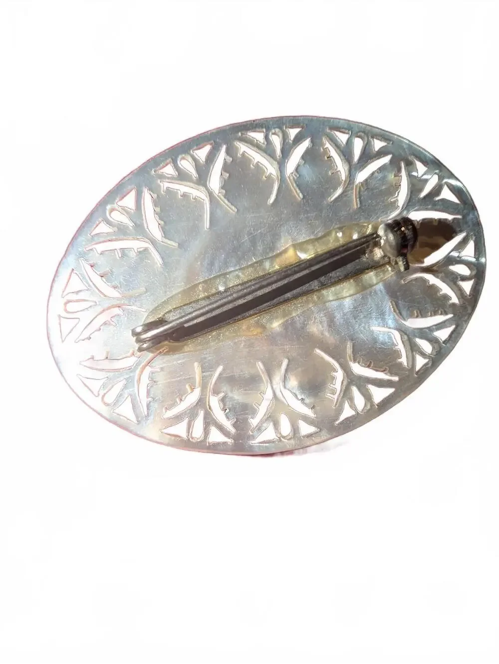 Vintage Silver Tone Oval Brooch with Mother of Pearl Inlay